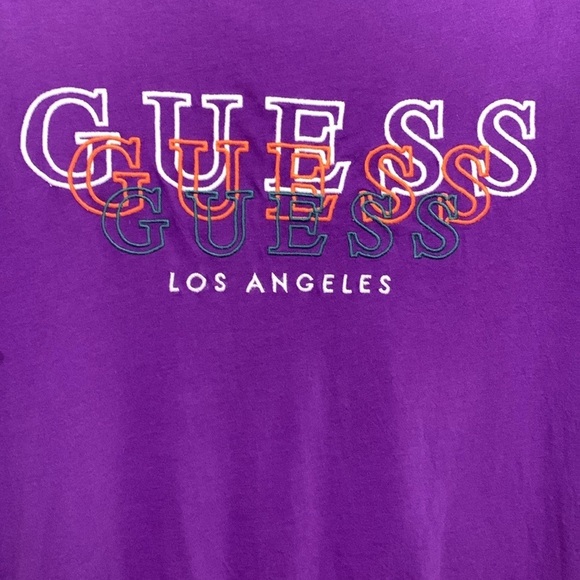 Guess Purple Embroidered SpellOut Crew Neck Short Sleeve T-Shirt size M - Picture 2 of 9
